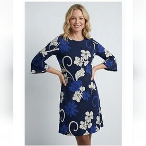 Chicos Travelers Stretchy Blue Floral Long Bell Sleeve Dress New $119